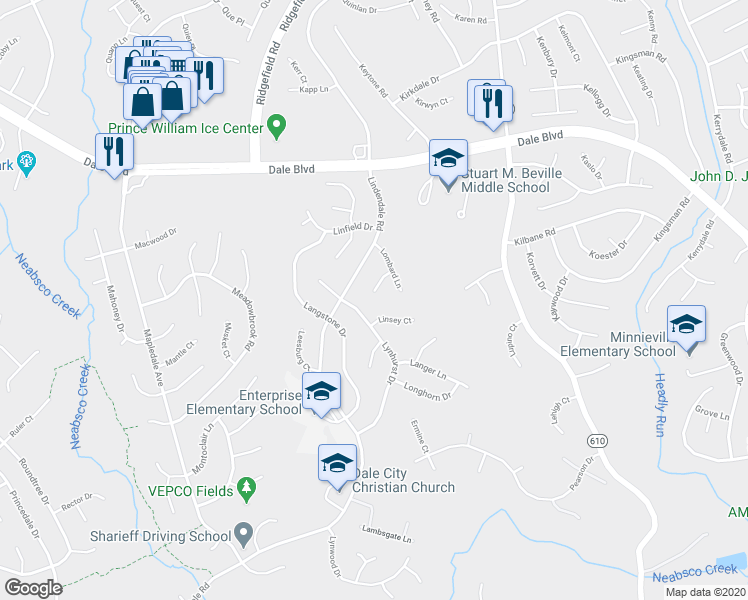 map of restaurants, bars, coffee shops, grocery stores, and more near 13759 Langley Court in Woodbridge