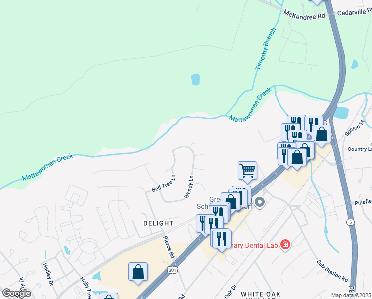 map of restaurants, bars, coffee shops, grocery stores, and more near 12288 Wendy Lane in Waldorf