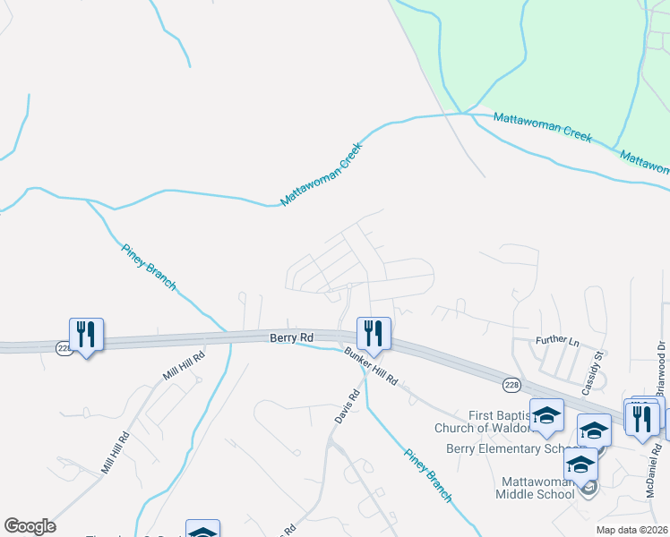 map of restaurants, bars, coffee shops, grocery stores, and more near 9771 Kilt Place in Waldorf