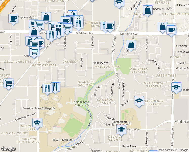 map of restaurants, bars, coffee shops, grocery stores, and more near 4948 Hemlock Street in Sacramento