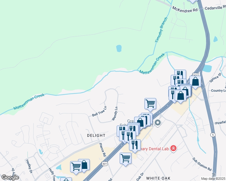 map of restaurants, bars, coffee shops, grocery stores, and more near 12288 Wendy Lane in Waldorf