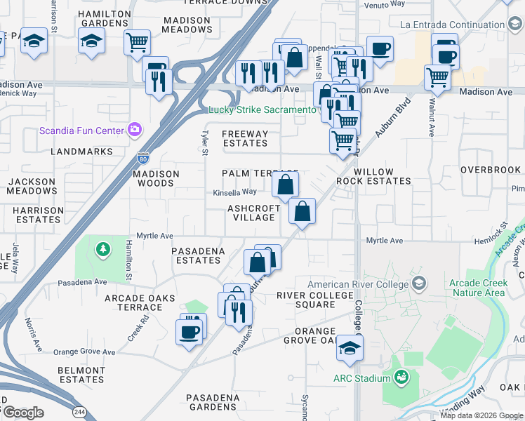 map of restaurants, bars, coffee shops, grocery stores, and more near 4612 Ashdale Court in Sacramento