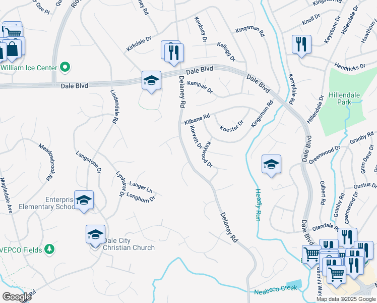 map of restaurants, bars, coffee shops, grocery stores, and more near 13811 Delaney Road in Woodbridge