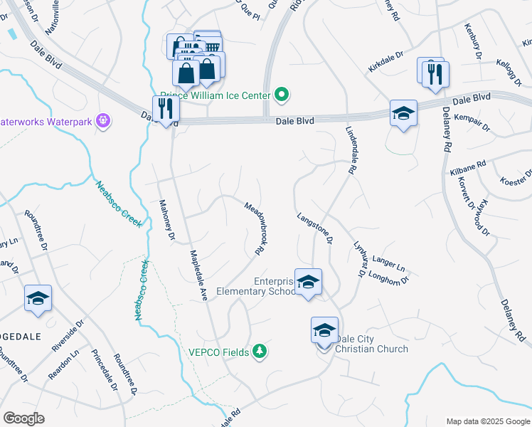 map of restaurants, bars, coffee shops, grocery stores, and more near 13791 Meadowbrook Road in Woodbridge