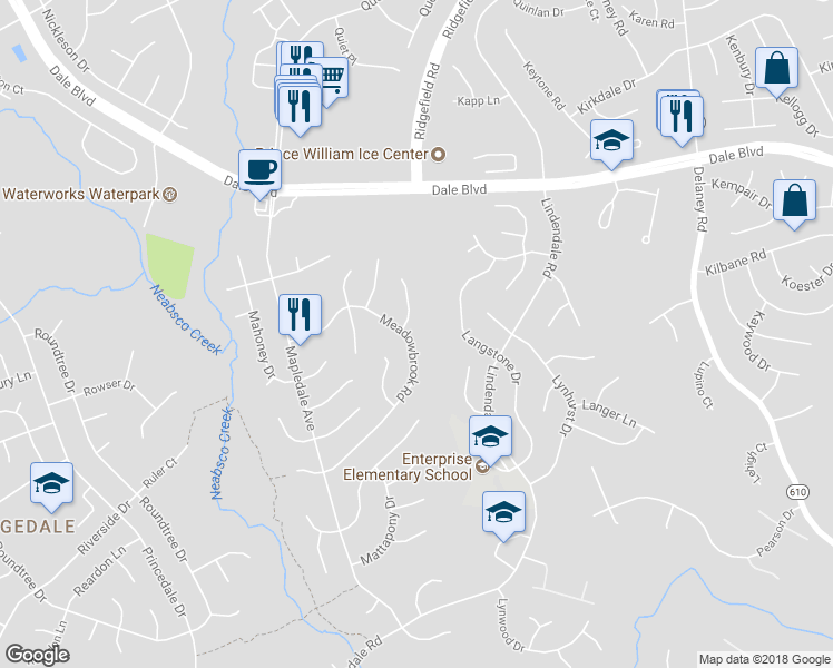 map of restaurants, bars, coffee shops, grocery stores, and more near 13791 Meadowbrook Road in Woodbridge