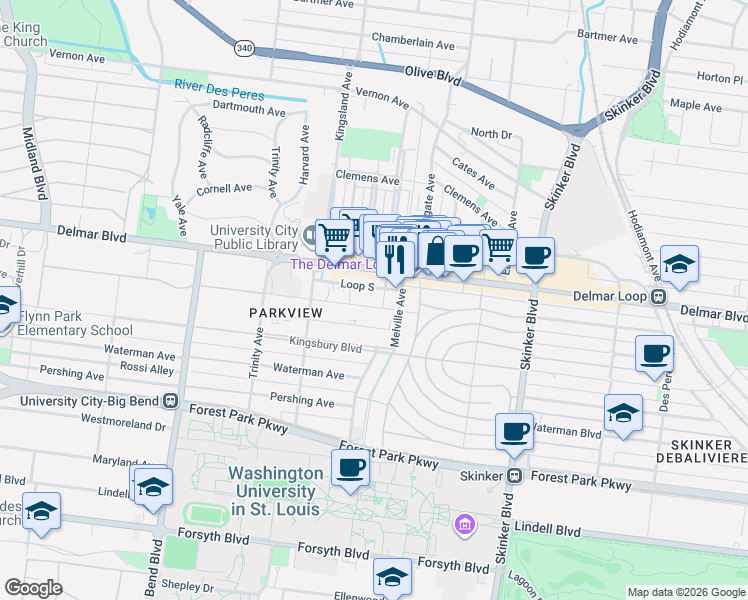 map of restaurants, bars, coffee shops, grocery stores, and more near 6625 Washington Avenue in St. Louis