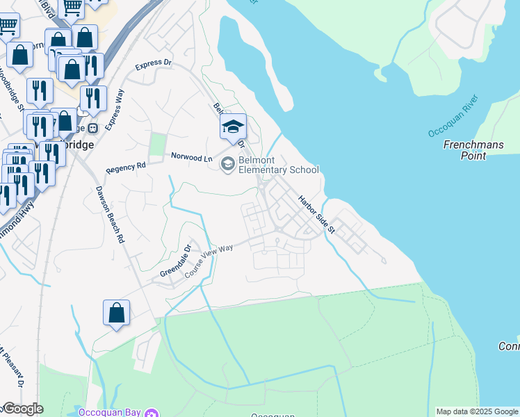 map of restaurants, bars, coffee shops, grocery stores, and more near 13700 Pinnacle Street in Woodbridge