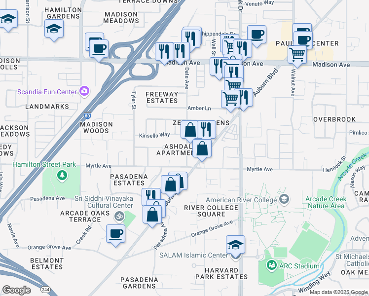 map of restaurants, bars, coffee shops, grocery stores, and more near 4612 Ashdale Court in Sacramento
