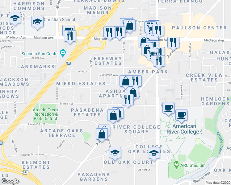 map of restaurants, bars, coffee shops, grocery stores, and more near 4612 Ashdale Court in Sacramento