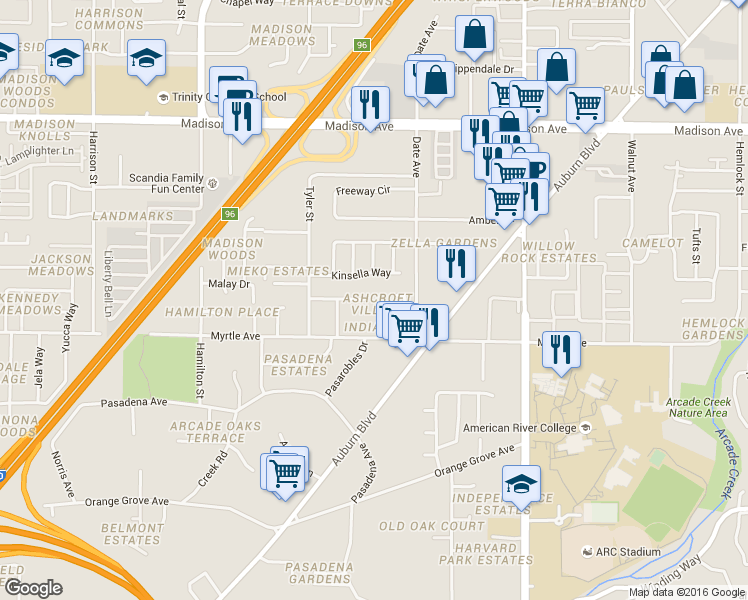 map of restaurants, bars, coffee shops, grocery stores, and more near 4532 Ashcroft Avenue in Sacramento