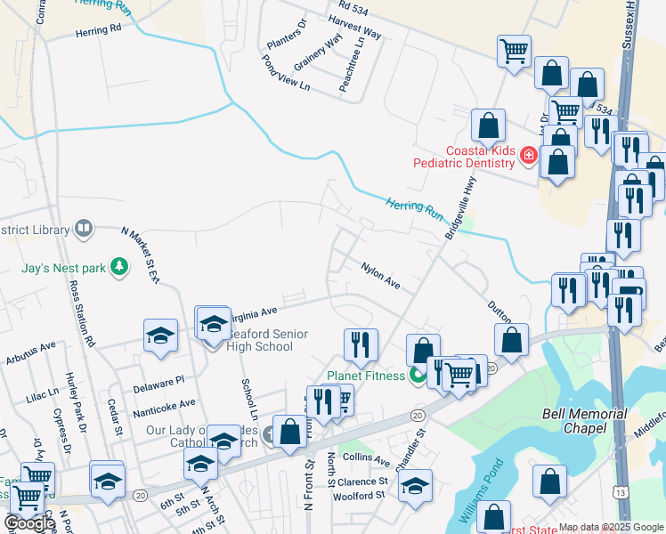map of restaurants, bars, coffee shops, grocery stores, and more near 228 Williamsburg Court in Seaford