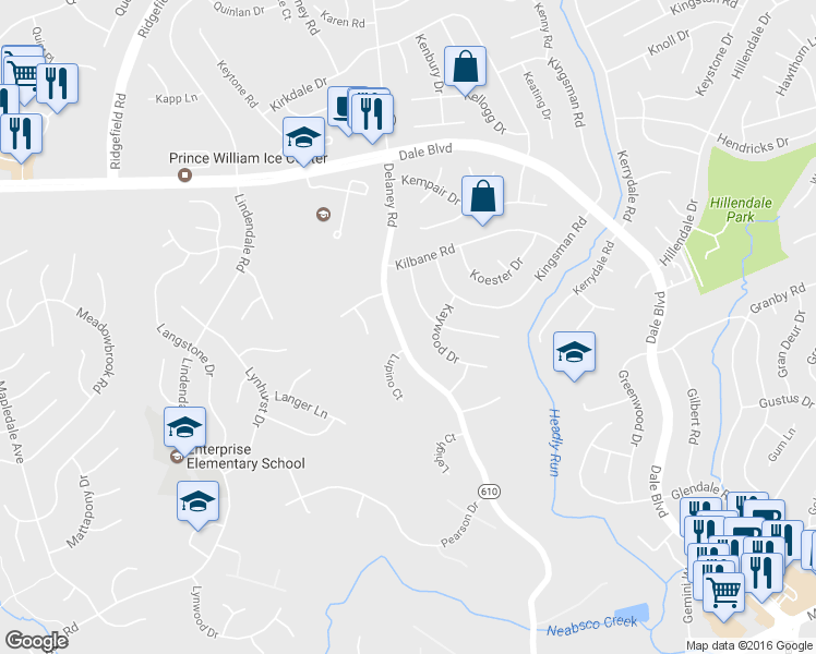 map of restaurants, bars, coffee shops, grocery stores, and more near 13811 Delaney Road in Woodbridge