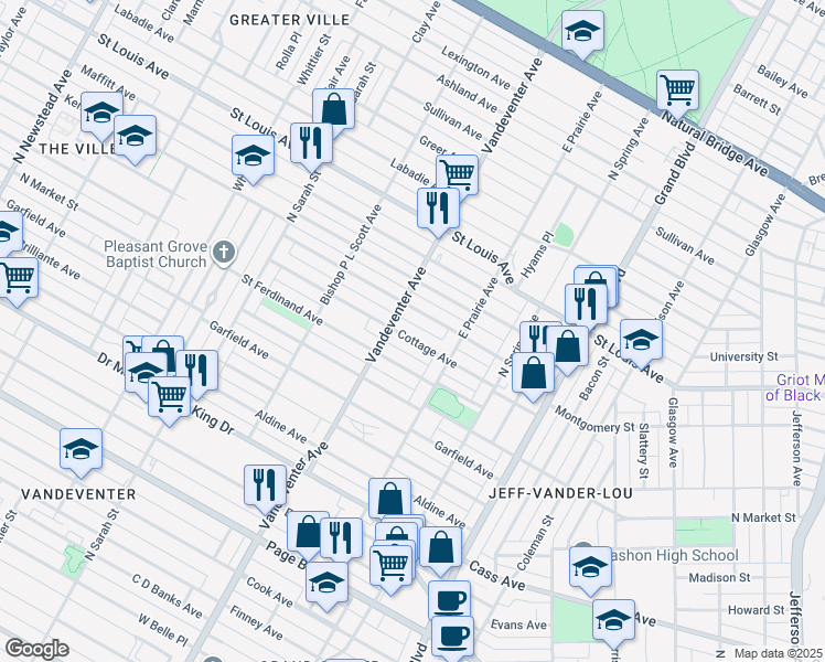 map of restaurants, bars, coffee shops, grocery stores, and more near 3849 Cottage Avenue in St. Louis
