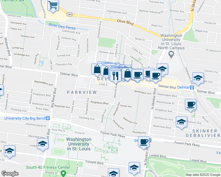 map of restaurants, bars, coffee shops, grocery stores, and more near 6615 Washington Avenue in University City