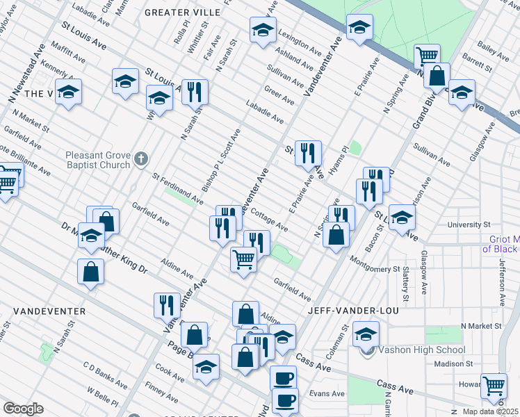 map of restaurants, bars, coffee shops, grocery stores, and more near 3849 Cottage Ave in St Louis