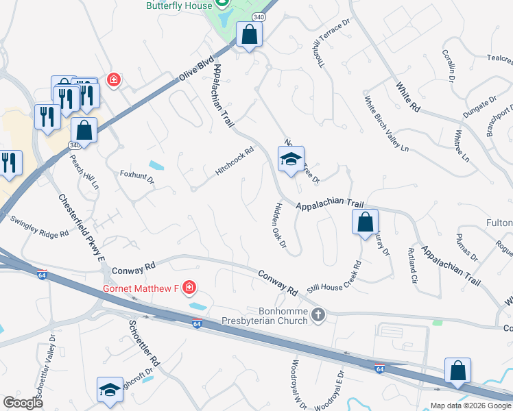 map of restaurants, bars, coffee shops, grocery stores, and more near 1215 Hidden Oak Drive in Chesterfield