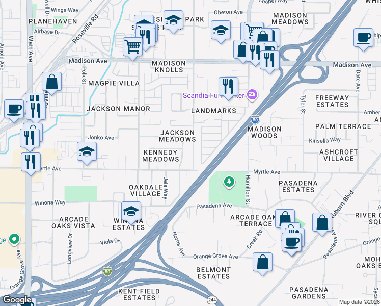 map of restaurants, bars, coffee shops, grocery stores, and more near 4931 Harrison Street in North Highlands