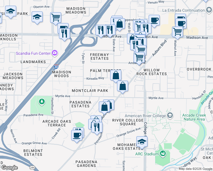 map of restaurants, bars, coffee shops, grocery stores, and more near 4561 Ashcroft Avenue in Sacramento