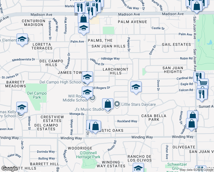 map of restaurants, bars, coffee shops, grocery stores, and more near 6747 Will Rogers Drive in Fair Oaks