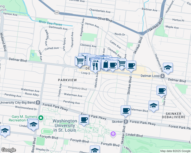 map of restaurants, bars, coffee shops, grocery stores, and more near 551 Melville Avenue in St. Louis