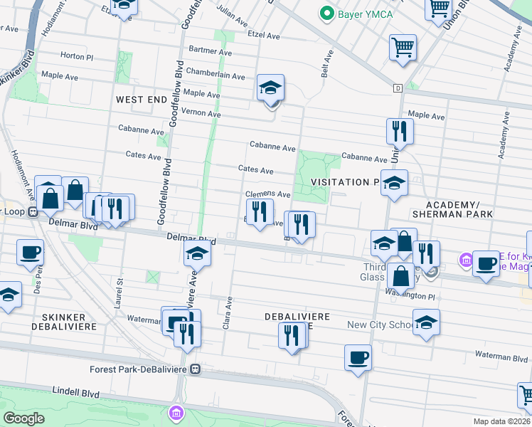 map of restaurants, bars, coffee shops, grocery stores, and more near 5507 Enright Avenue in St. Louis