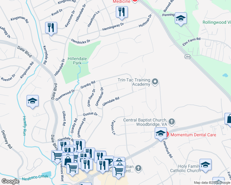 map of restaurants, bars, coffee shops, grocery stores, and more near 4115 Guilford Lane in Woodbridge