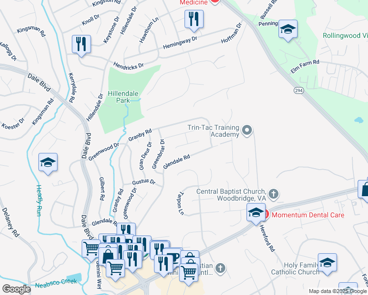 map of restaurants, bars, coffee shops, grocery stores, and more near 4115 Guilford Lane in Woodbridge