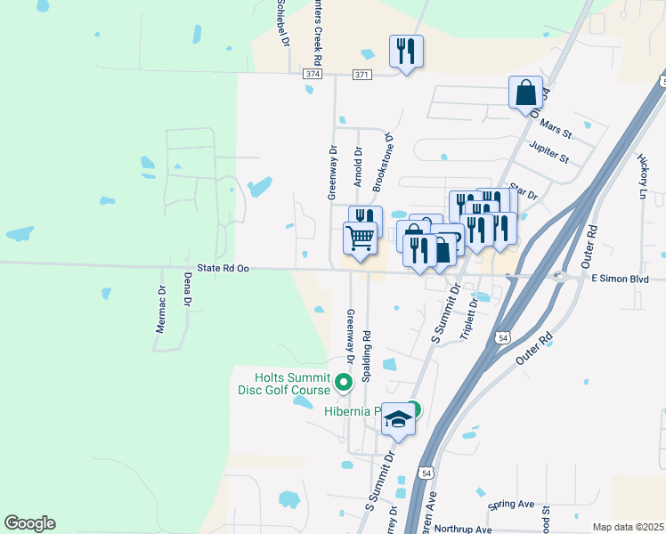 map of restaurants, bars, coffee shops, grocery stores, and more near Greenway Dr in Holts Summit