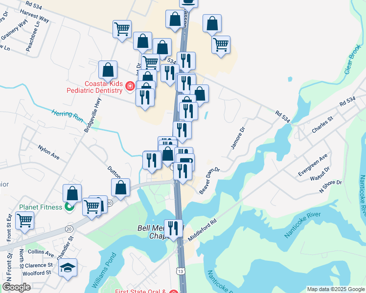map of restaurants, bars, coffee shops, grocery stores, and more near 23437 Sussex Highway in Seaford