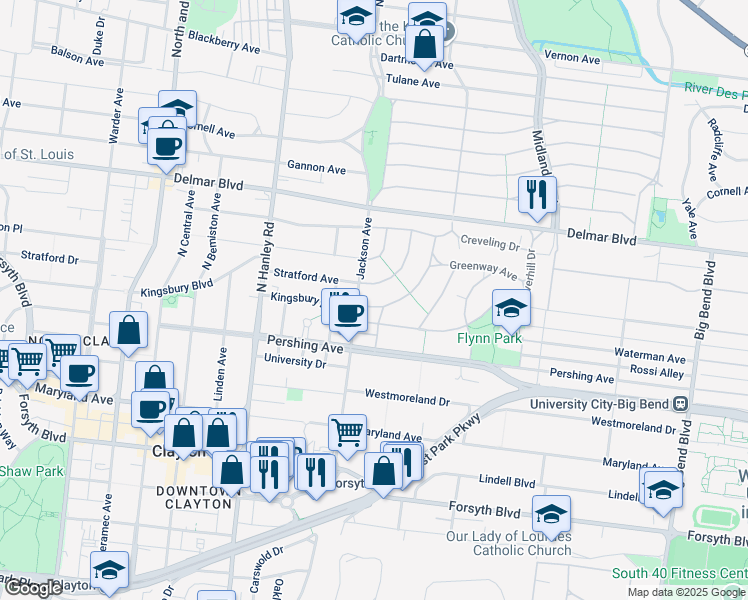 map of restaurants, bars, coffee shops, grocery stores, and more near 7387 Norwood Avenue in University City