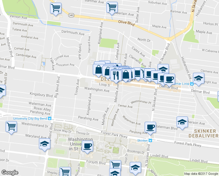 map of restaurants, bars, coffee shops, grocery stores, and more near 6625 Washington Avenue in St. Louis