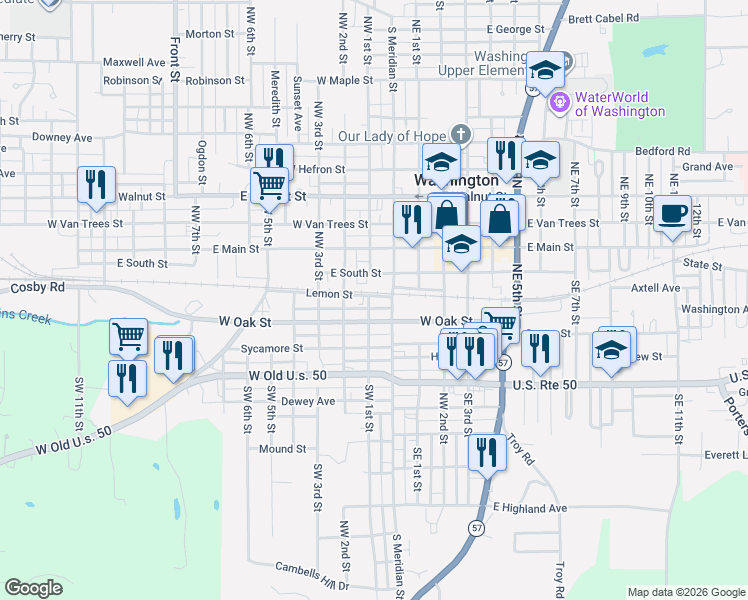 map of restaurants, bars, coffee shops, grocery stores, and more near 200-204 Southwest 1st Street in Washington