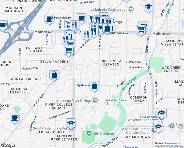 map of restaurants, bars, coffee shops, grocery stores, and more near 4971 Walnut Avenue in Sacramento