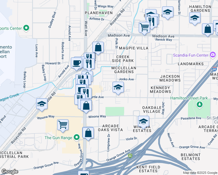 map of restaurants, bars, coffee shops, grocery stores, and more near 4946 Almond Tree Lane in North Highlands