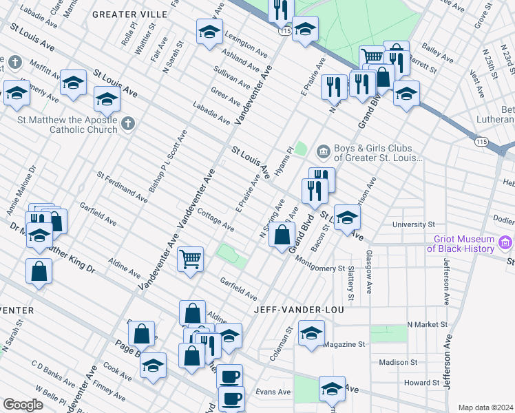 map of restaurants, bars, coffee shops, grocery stores, and more near 3735 Lincoln Avenue in St. Louis