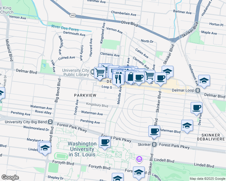 map of restaurants, bars, coffee shops, grocery stores, and more near 6615 Washington Avenue in University City