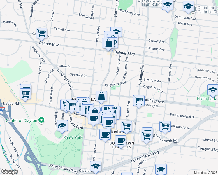 map of restaurants, bars, coffee shops, grocery stores, and more near 225 North Central Avenue in Clayton