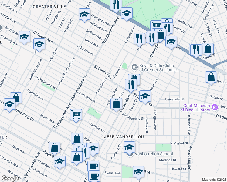 map of restaurants, bars, coffee shops, grocery stores, and more near 2701 North Spring Avenue in St. Louis