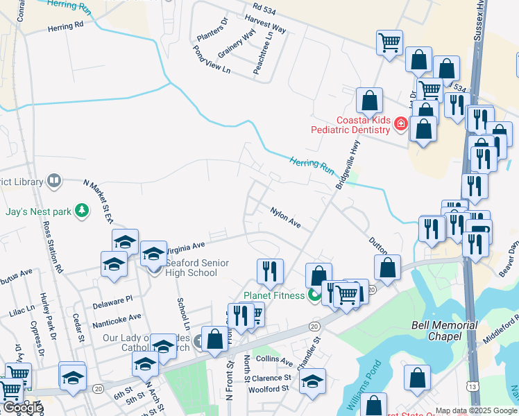 map of restaurants, bars, coffee shops, grocery stores, and more near 228 Williamsburg Court in Seaford