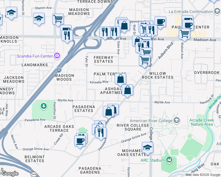 map of restaurants, bars, coffee shops, grocery stores, and more near 4612 Ashdale Court in Sacramento