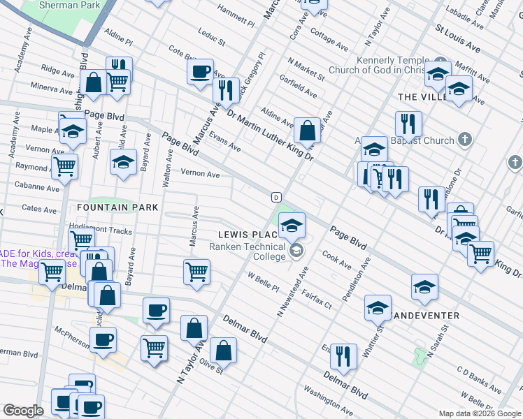 map of restaurants, bars, coffee shops, grocery stores, and more near 1205 North Taylor Avenue in St. Louis