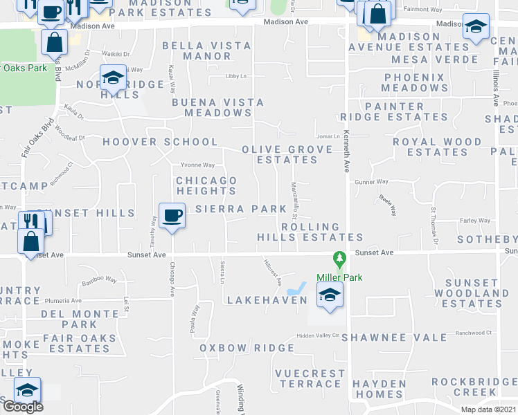 map of restaurants, bars, coffee shops, grocery stores, and more near 3238 Buena Vista Avenue in Fair Oaks
