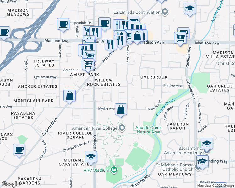 map of restaurants, bars, coffee shops, grocery stores, and more near 4971 Walnut Avenue in Sacramento