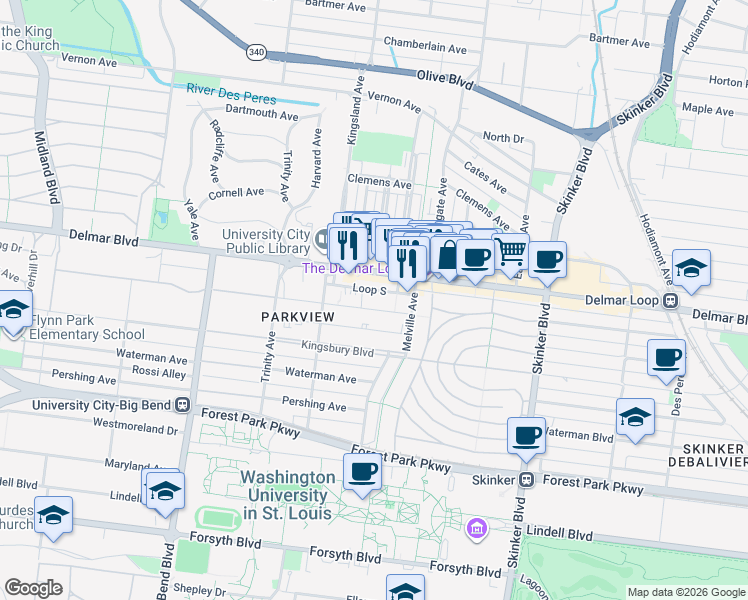 map of restaurants, bars, coffee shops, grocery stores, and more near 6639 Washington Avenue in University City
