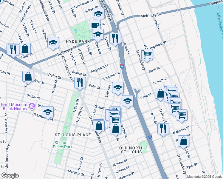 map of restaurants, bars, coffee shops, grocery stores, and more near 1415 Palm Street in St. Louis