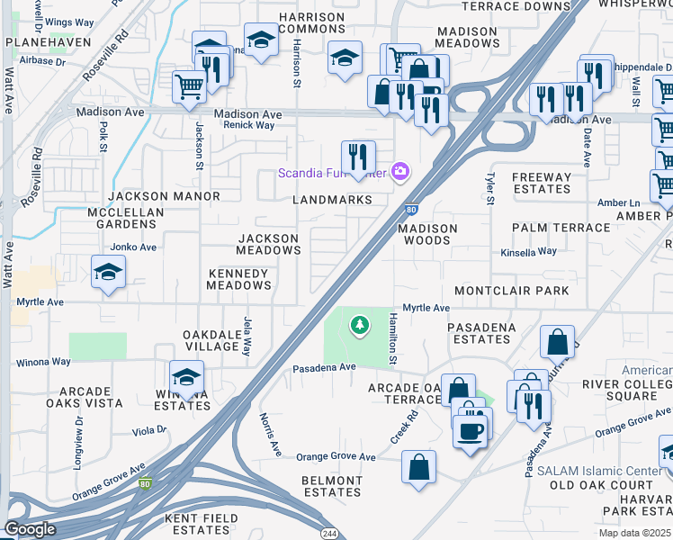 map of restaurants, bars, coffee shops, grocery stores, and more near 4806 Independence Lane in North Highlands
