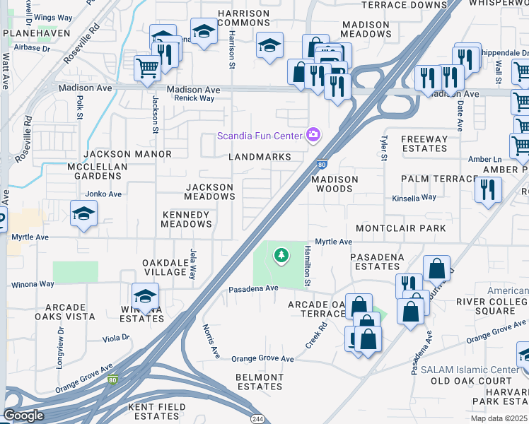 map of restaurants, bars, coffee shops, grocery stores, and more near 4806 Independence Lane in North Highlands