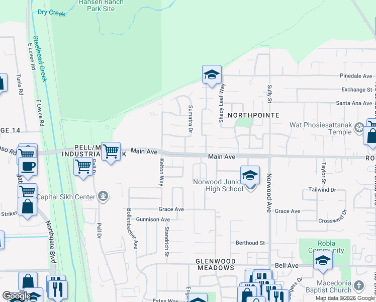 map of restaurants, bars, coffee shops, grocery stores, and more near 268 Arbor Crest Way in Sacramento