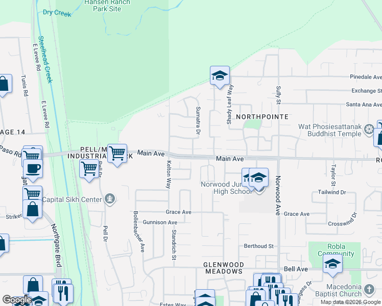 map of restaurants, bars, coffee shops, grocery stores, and more near 268 Arbor Crest Way in Sacramento