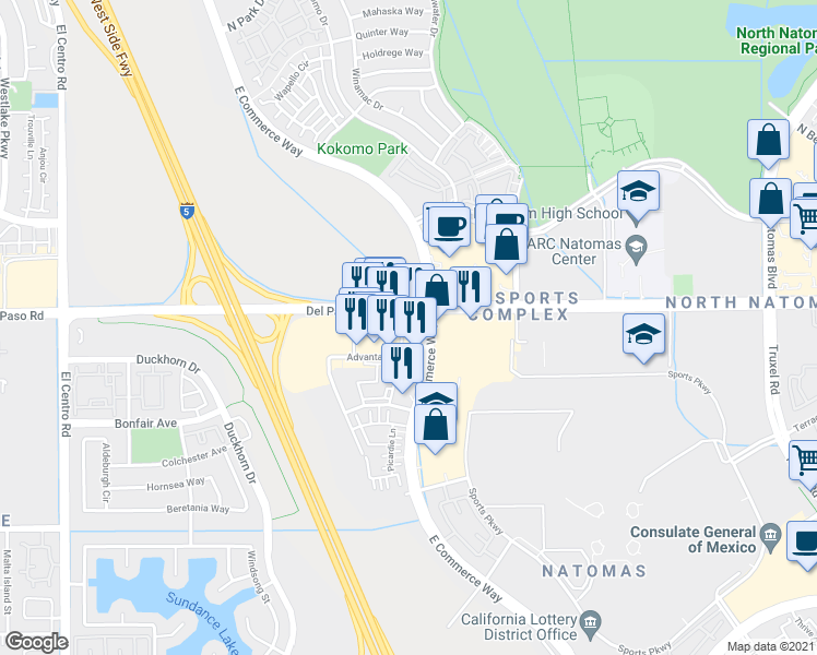 map of restaurants, bars, coffee shops, grocery stores, and more near 2921 Advantage Way in Sacramento